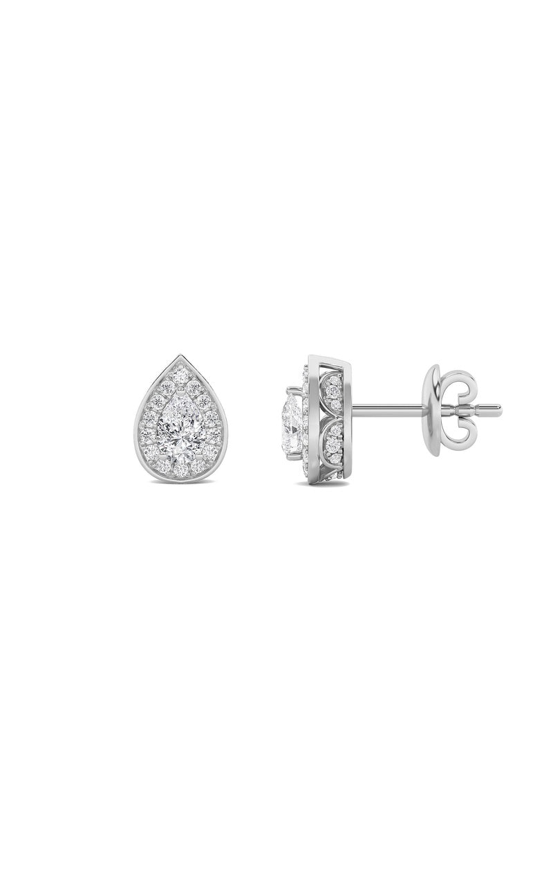 1CTW Pear Shaped Lab Grown Diamond (F/VVS) Halo Stud Earrings in 14K Gold