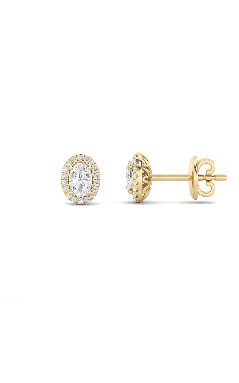 1CTW Oval Shaped Lab Grown Diamond (F/VS) Halo Stud Earrings in 14K Gold