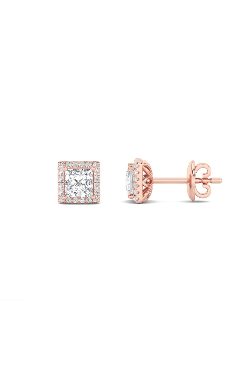2CTW Princess Shaped Lab Grown Diamond (F/VS) Halo Stud Earrings in 14K Gold