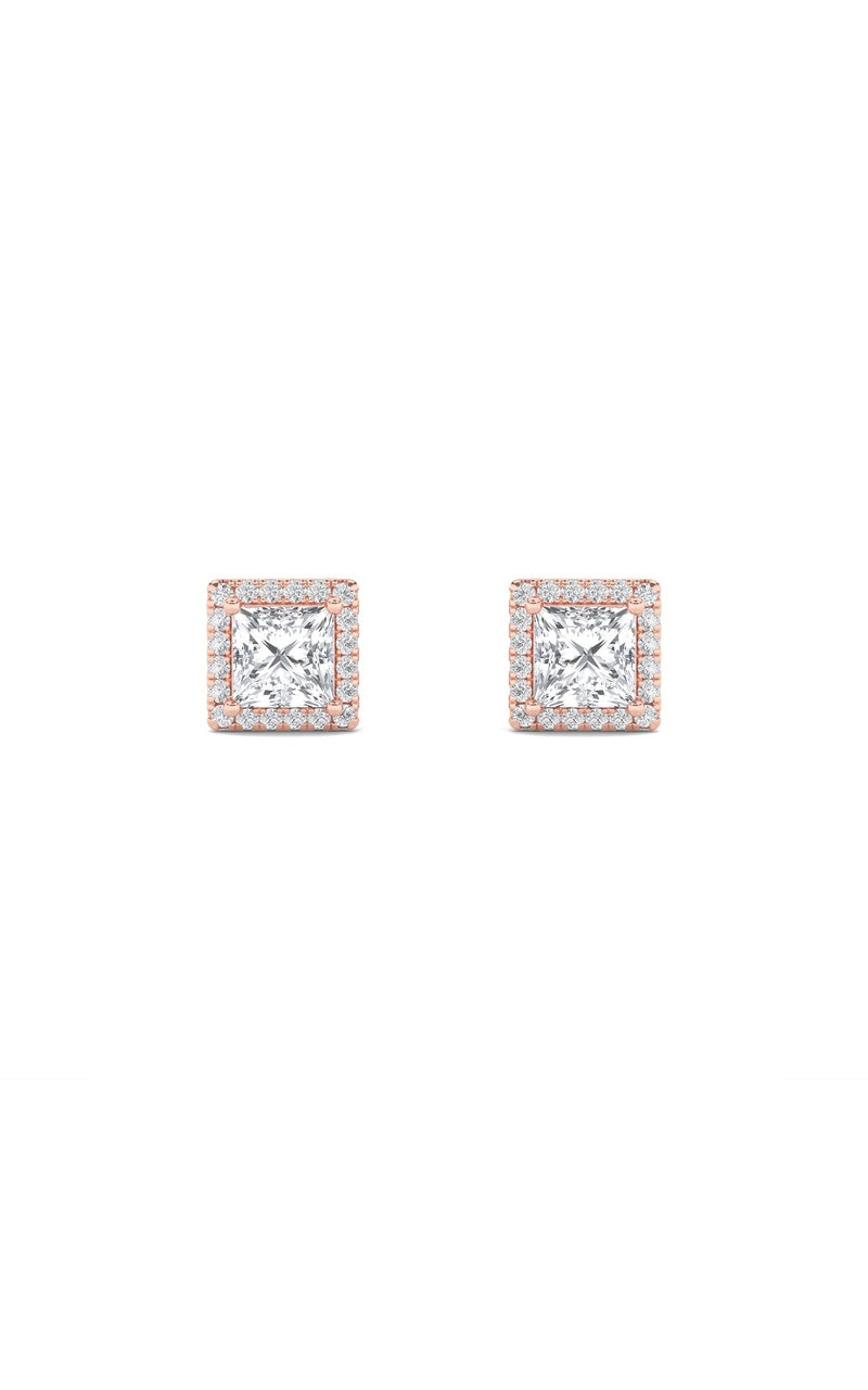2CTW Princess Shaped Lab Grown Diamond (F/VS) Halo Stud Earrings in 14K Gold