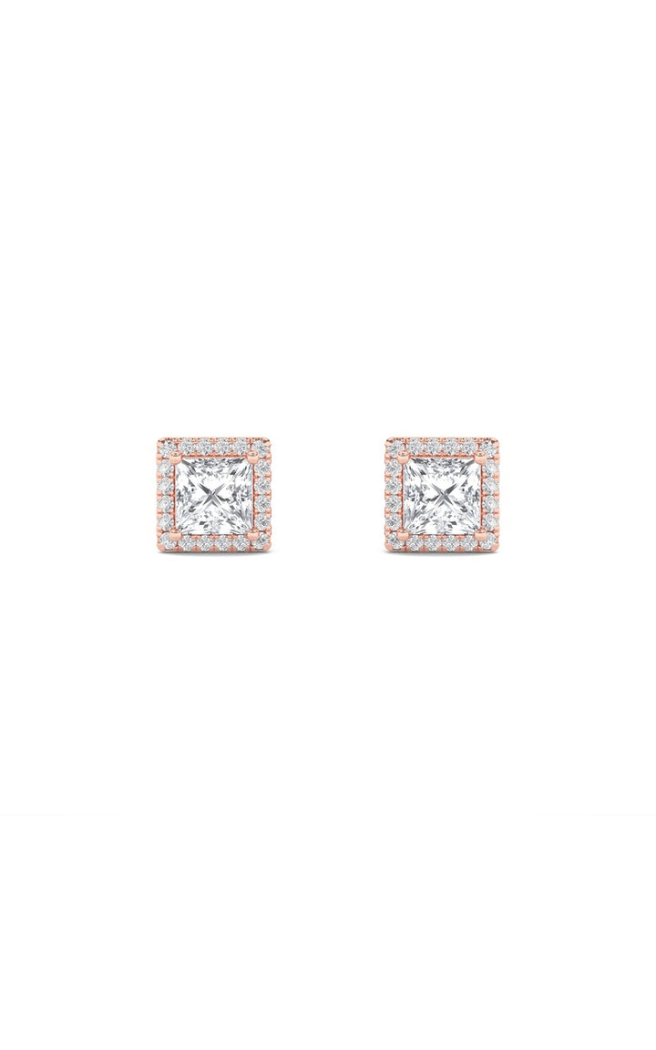 2CTW Princess Shaped Lab Grown Diamond (F/VS) Halo Stud Earrings in 14K Gold