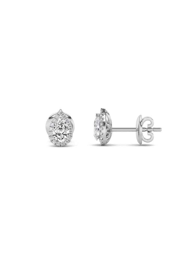1CTW Pear Shaped Lab Grown Diamond (F/VS) Halo Stud Earrings in 14K Gold