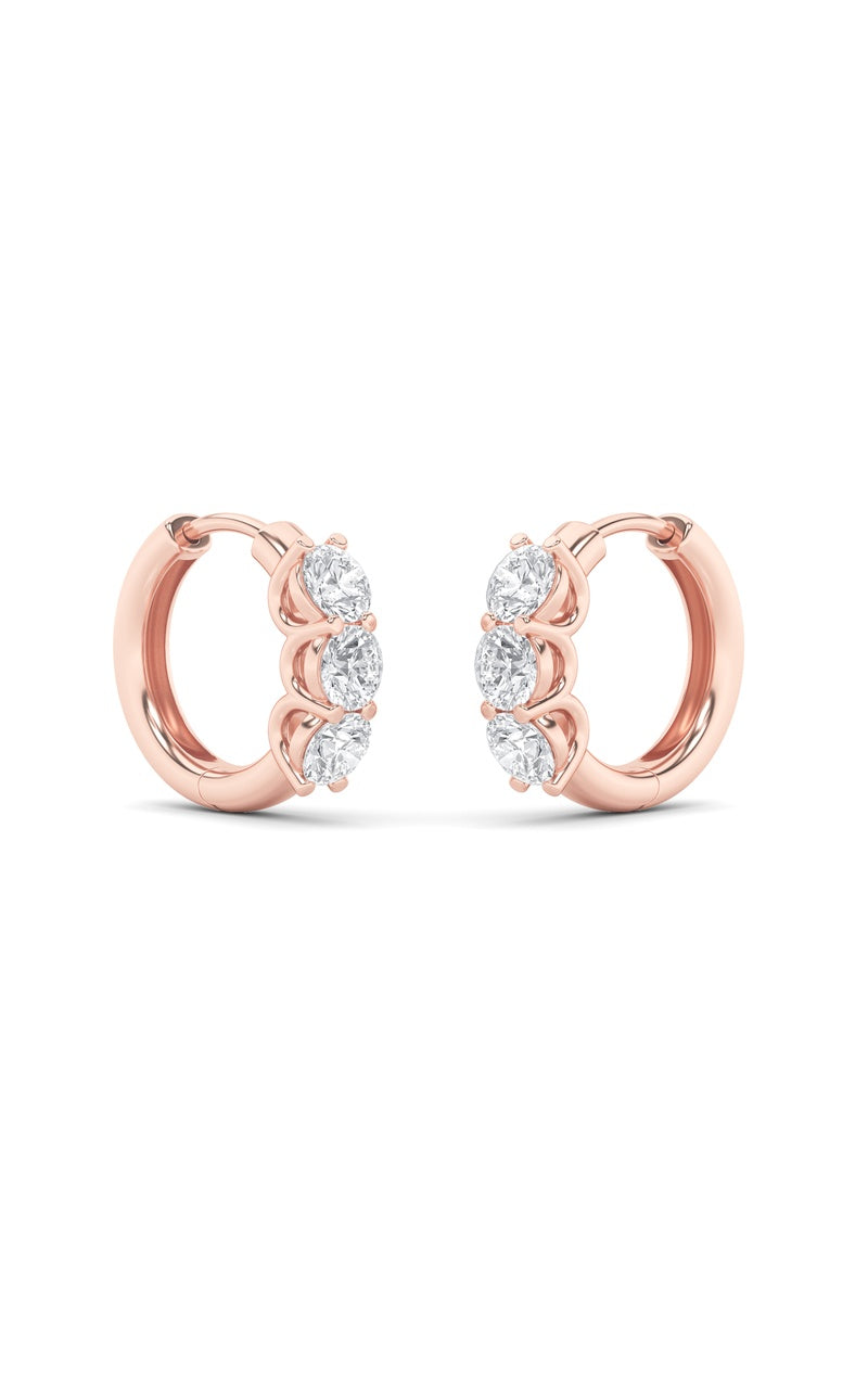 2CTW Round Shaped Lab Grown Diamond (G/VS) Three Stone Huggie Earrings in 10K Gold