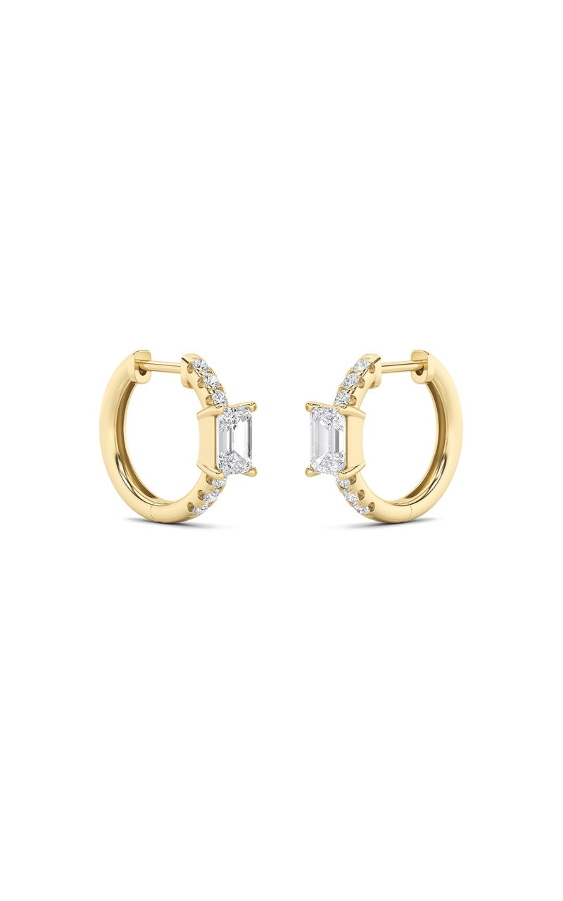1.5CTW Emerald Shaped Lab Grown Diamond (F/VS) Solitare Accent Huggie Earrings in 10K Gold