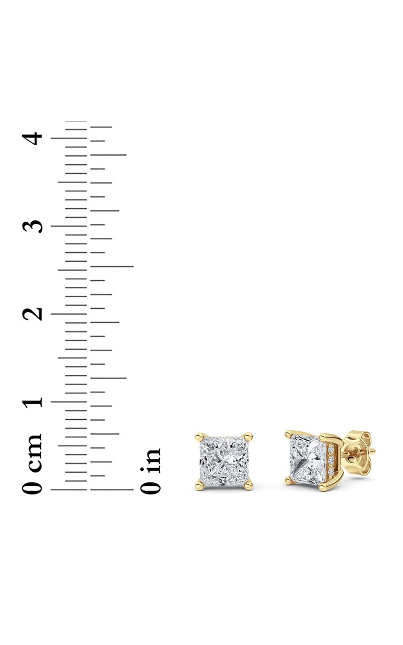 3CTW Princess Shaped Lab Grown Diamond (F/VS) Hidden Halo Stud Earrings in 14K Gold