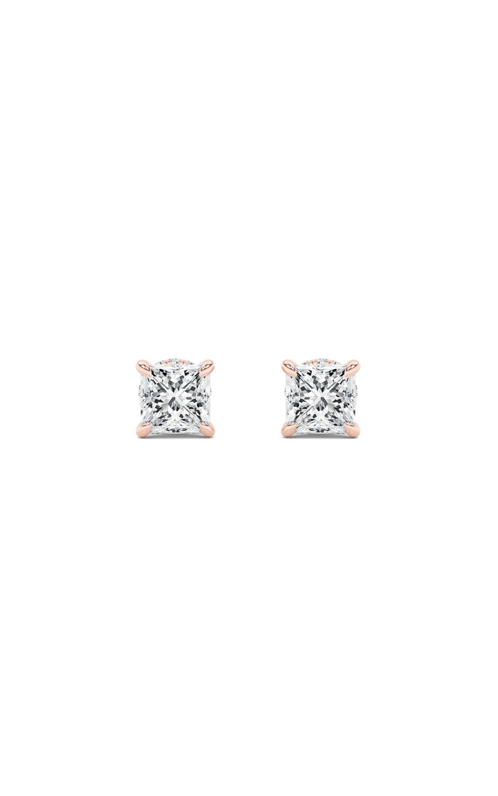 2CTW Princess Shaped Lab Grown Diamond (F/VS) Hidden Halo Stud Earrings in 14K Gold