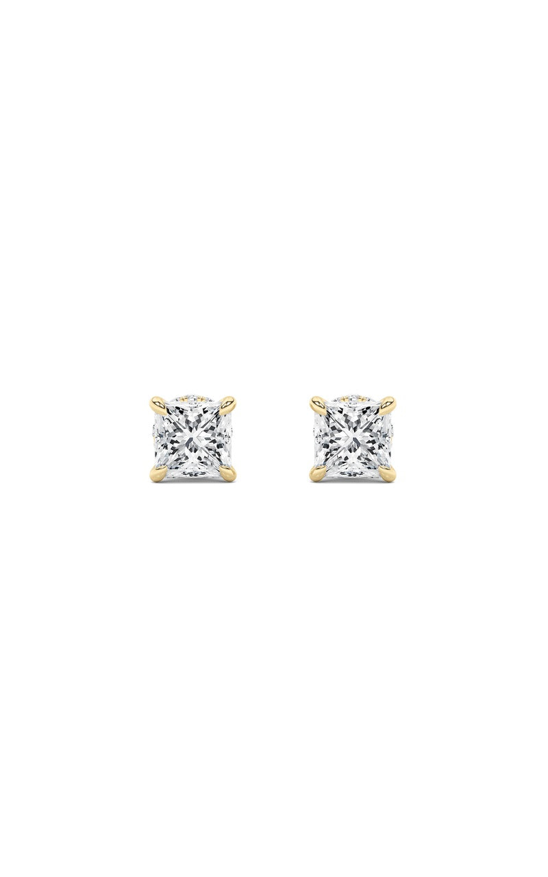 3CTW Princess Shaped Lab Grown Diamond (F/VS) Hidden Halo Stud Earrings in 14K Gold