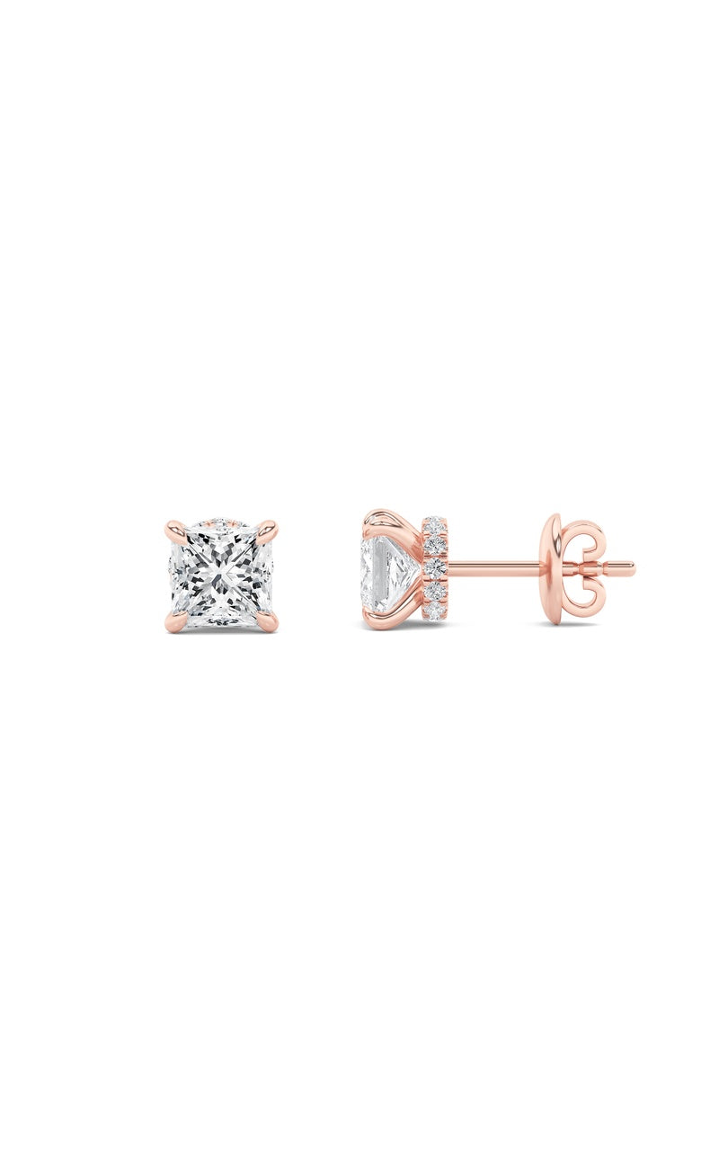 3Cttw Princess Shaped Lab Grown Diamond (F/VS) Hidden Halo Stud Earrings in 14K Gold