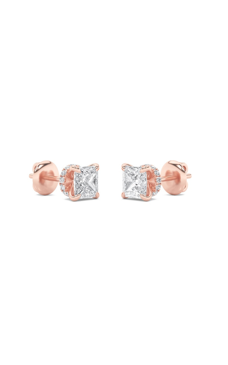 3CTW Princess Shaped Lab Grown Diamond (F/VS) Hidden Halo Stud Earrings in 14K Gold
