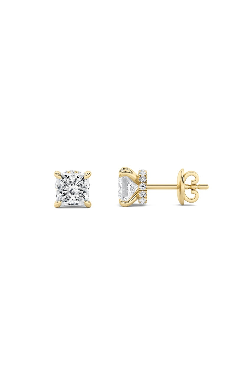 5CTW Princess Shaped Lab Grown Diamond (F/VS) Hidden Halo Stud Earrings in 14K Gold