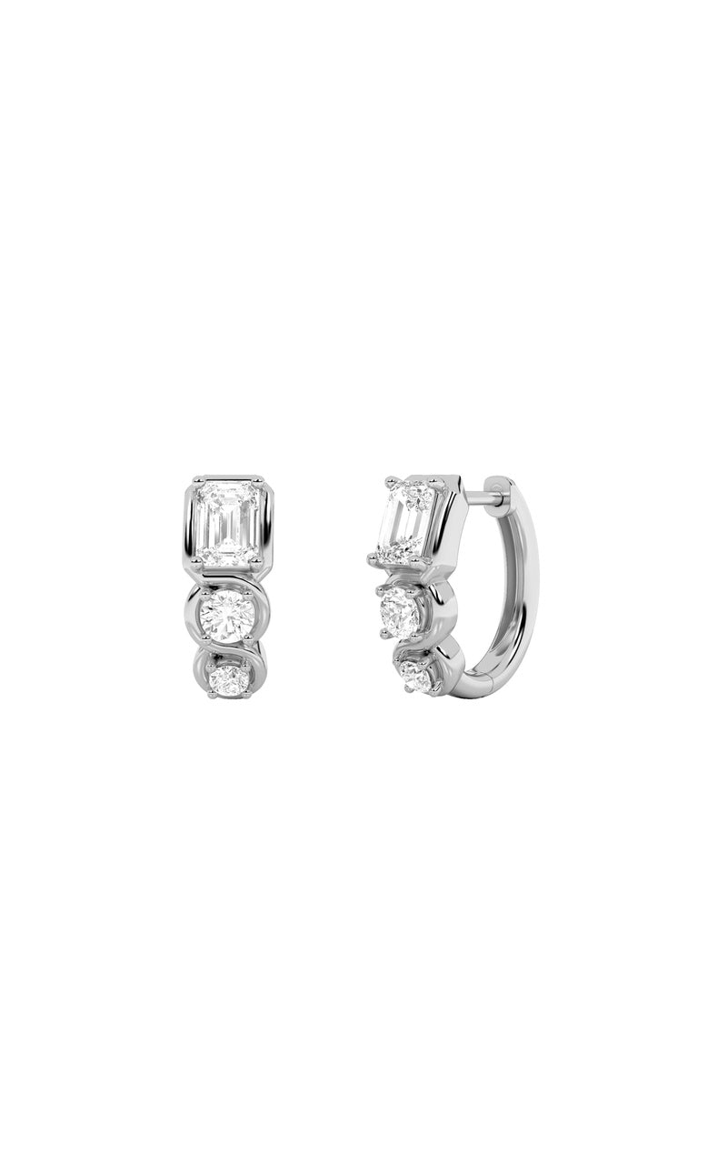 2.5Cttw Emerald Shaped Lab Grown Diamond (F/VS) Three Stone Huggie Earrings in 14K Gold