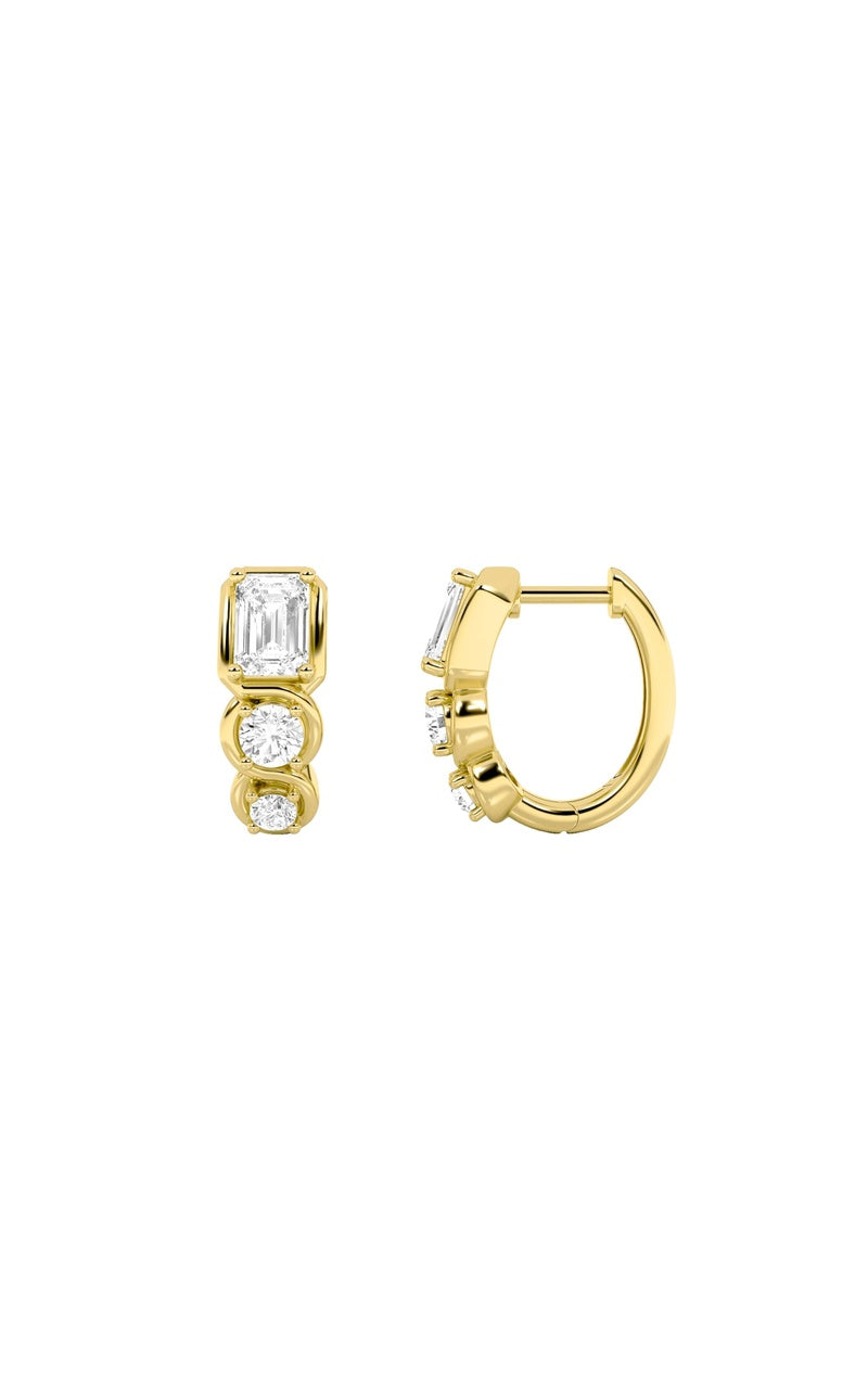 2.5CTW Emerald Shaped Lab Grown Diamond (F/VS) Three Stone Huggie Earrings in 14K Gold