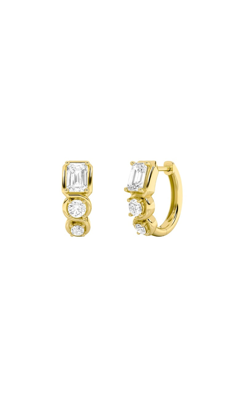 2.5Cttw Emerald Shaped Lab Grown Diamond (F/VS) Three Stone Huggie Earrings in 14K Gold