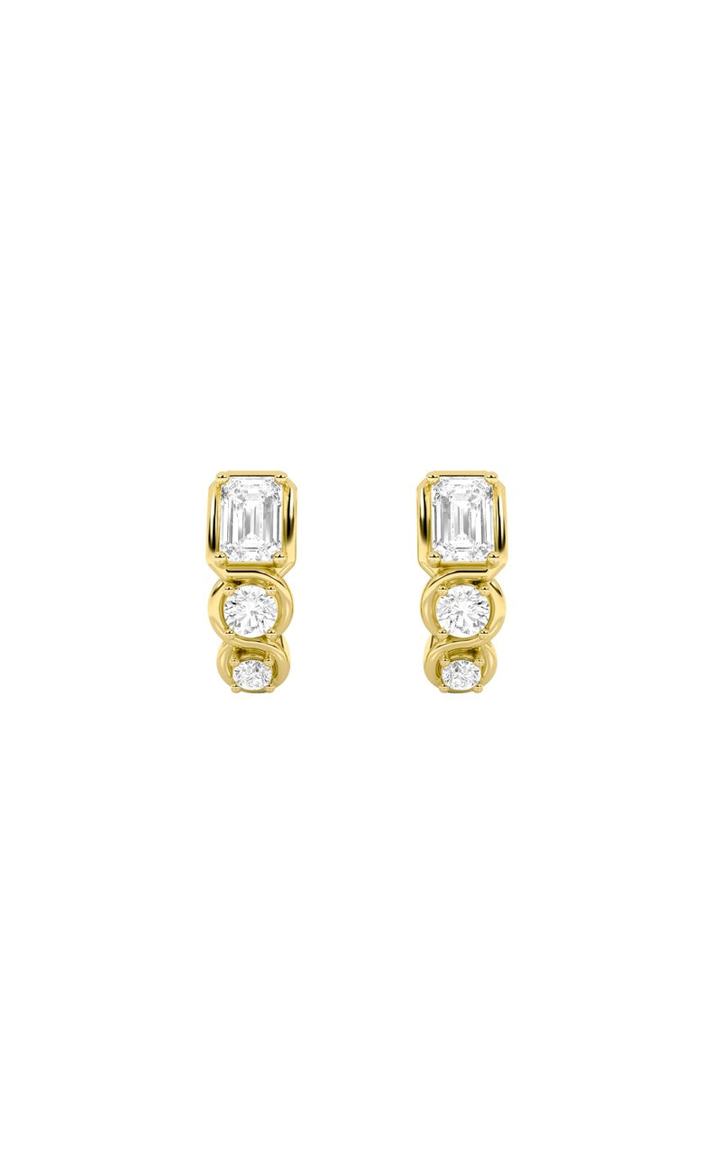 2.5CTW Emerald Shaped Lab Grown Diamond (F/VS) Three Stone Huggie Earrings in 14K Gold