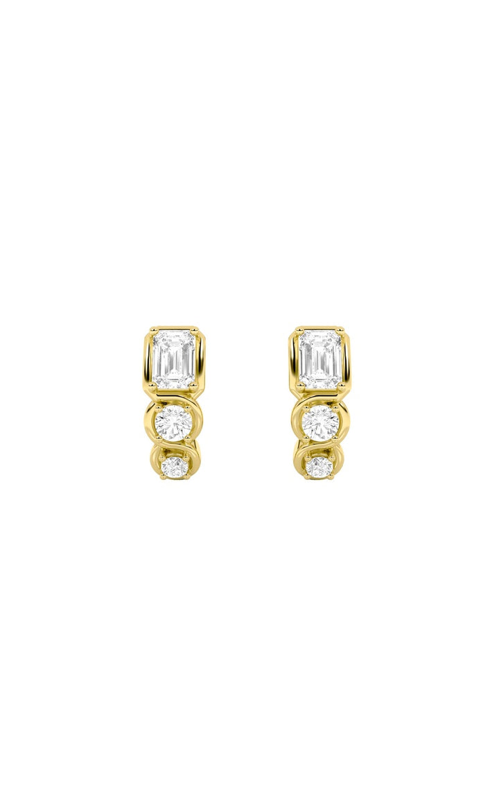 2.5CTW Emerald Shaped Lab Grown Diamond (F/VS) Three Stone Huggie Earrings in 14K Gold