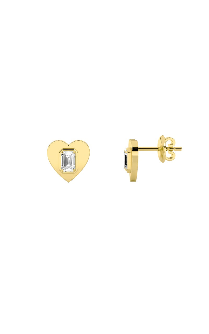 1Cttw Emerald Shaped Lab Grown Diamond (F/VS) Heart Shaped Stud Earrings in 14K Gold