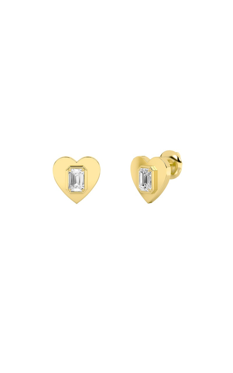 1CTW Emerald Shaped Lab Grown Diamond (F/VS) Heart Shaped Stud Earrings in 14K Gold