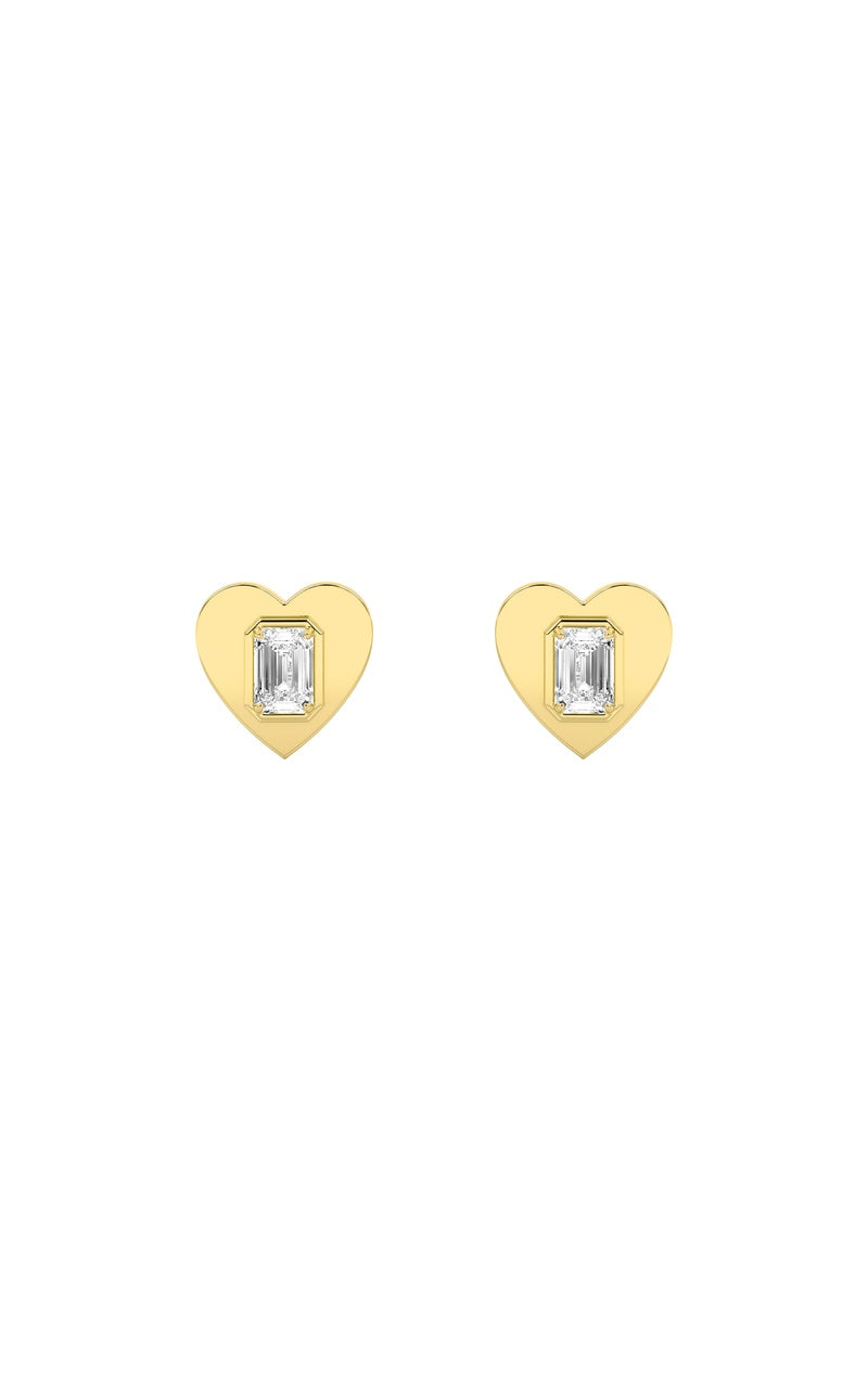 1Cttw Emerald Shaped Lab Grown Diamond (F/VS) Heart Shaped Stud Earrings in 14K Gold