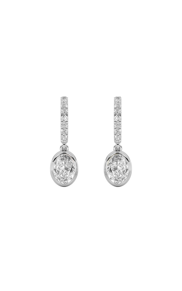 2CTW Oval Shaped Lab Grown Diamond (F/VS) Dangle Earrings in 14K Gold
