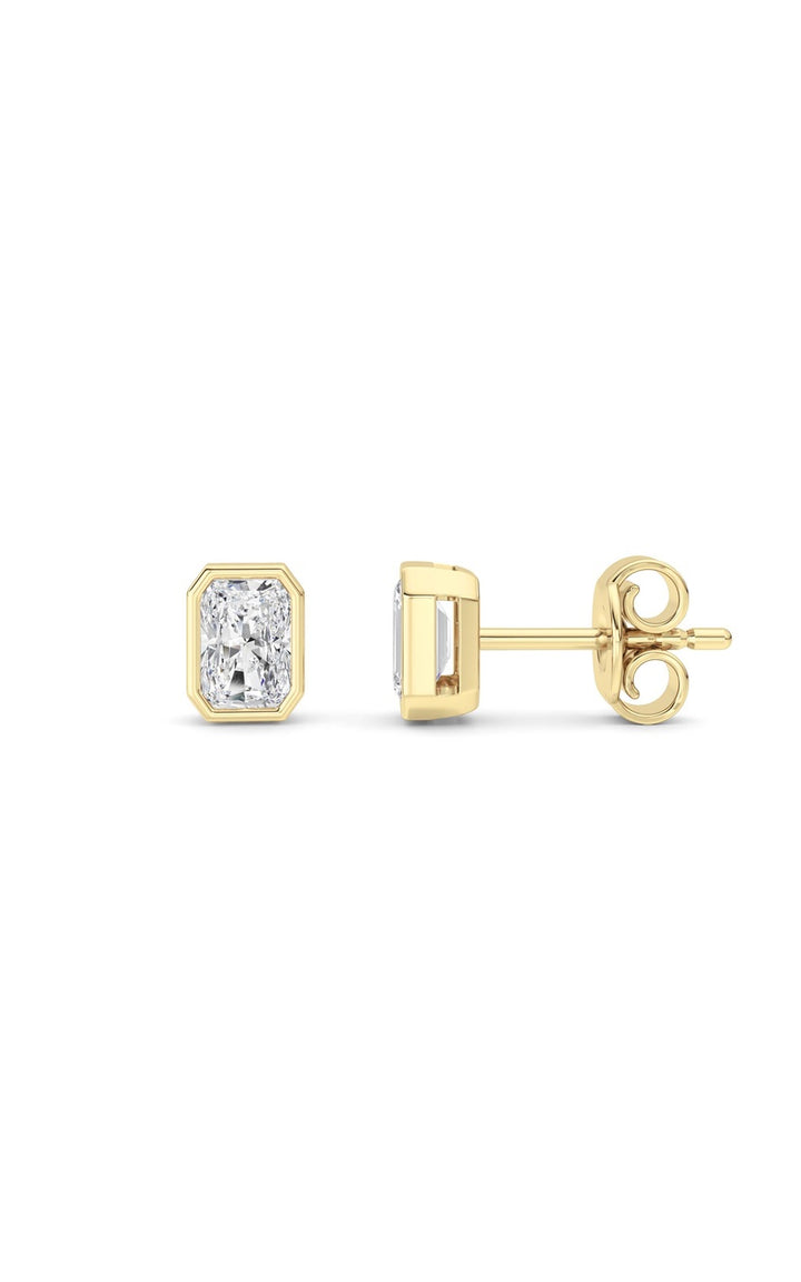 1CTW Radiant Shaped Lab Grown Diamond (G/VS) Bezel Set Solitaire Earrings in 14K Gold