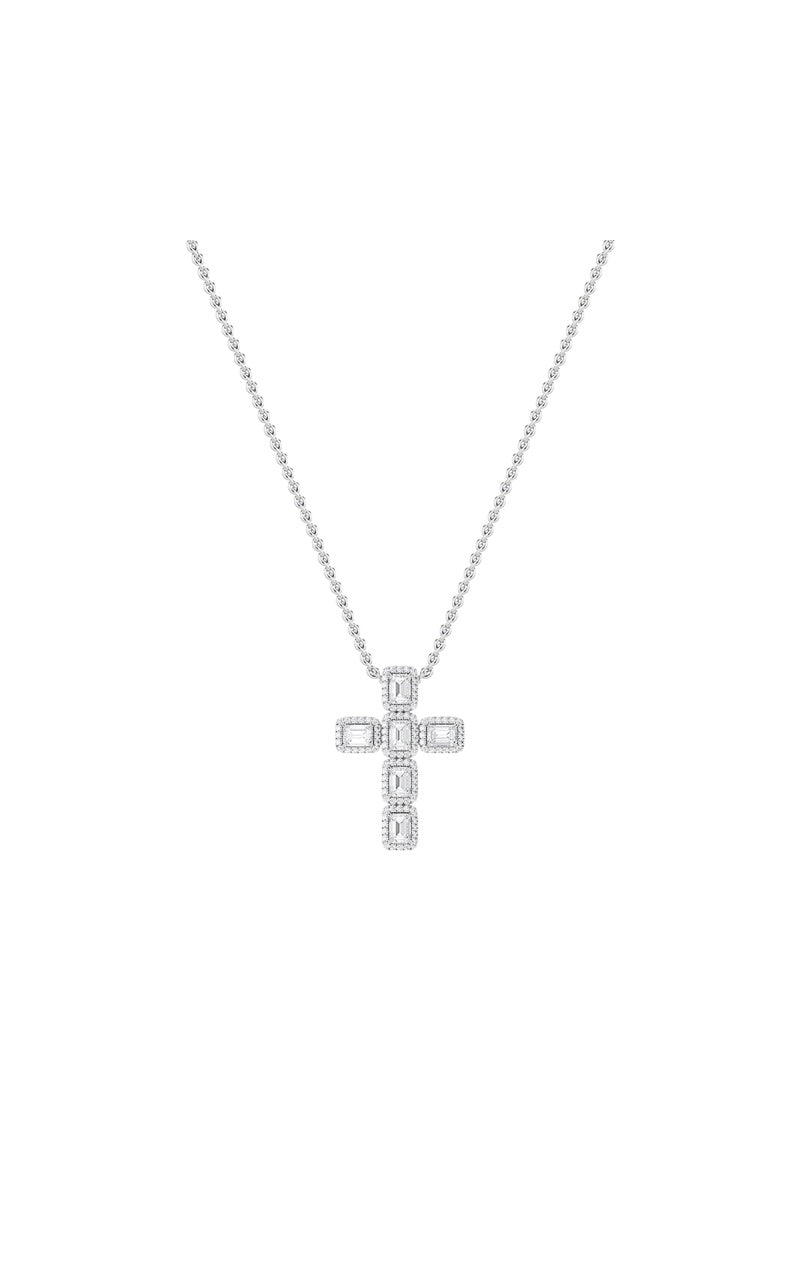 3Cttw Emerald Shaped Lab Grown Diamond (F/VS) Cross Pendant in 14K Gold
