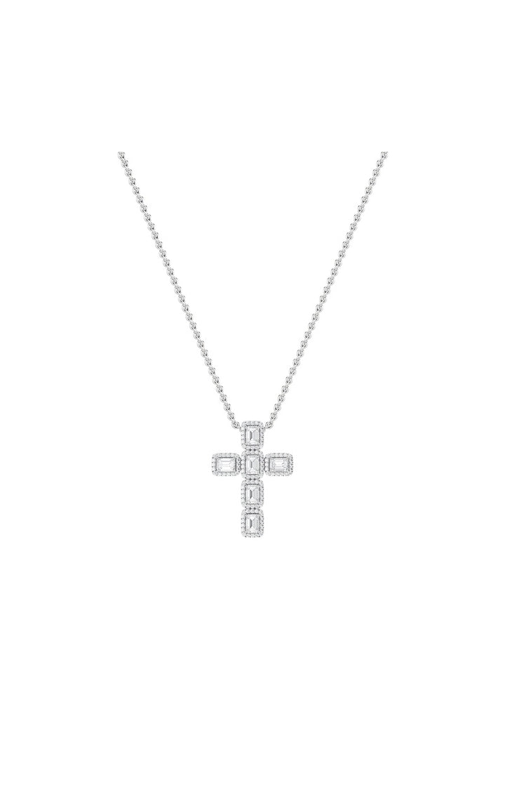 3Cttw Emerald Shaped Lab Grown Diamond (F/VS) Cross Pendant in 14K Gold