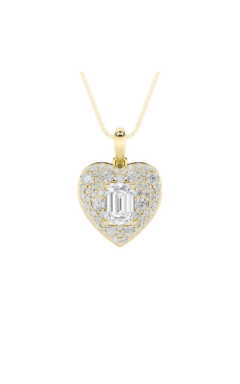 2Cttw Emerald Shaped Lab Grown Diamond (F/VS) PaveAccented Heart Shaped Pendant in 14K Gold