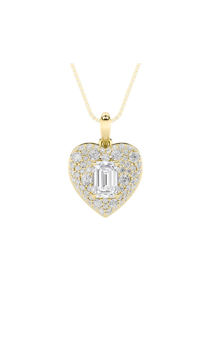 2Cttw Emerald Shaped Lab Grown Diamond (F/VS) PaveAccented Heart Shaped Pendant in 14K Gold