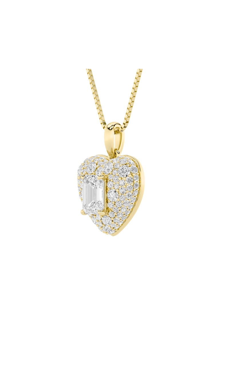 2Cttw Emerald Shaped Lab Grown Diamond (F/VS) PaveAccented Heart Shaped Pendant in 14K Gold