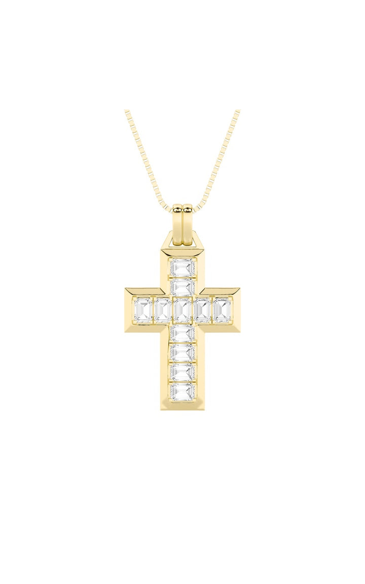 3Cttw Emerald Shaped Lab Grown Diamond (F/VS) Cross Pendant in 14K Gold