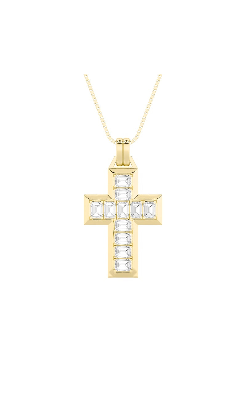 3Cttw Emerald Shaped Lab Grown Diamond (F/VS) Cross Pendant in 14K Gold