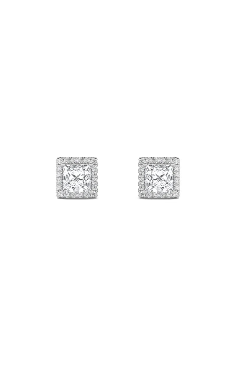 2Cttw Princess Shaped Lab Grown Diamond (F/VS) Halo Stud  Earrings in 14K Gold