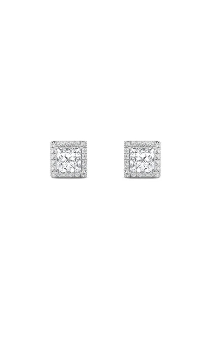 2Cttw Princess Shaped Lab Grown Diamond (F/VS) Halo Stud  Earrings in 14K Gold