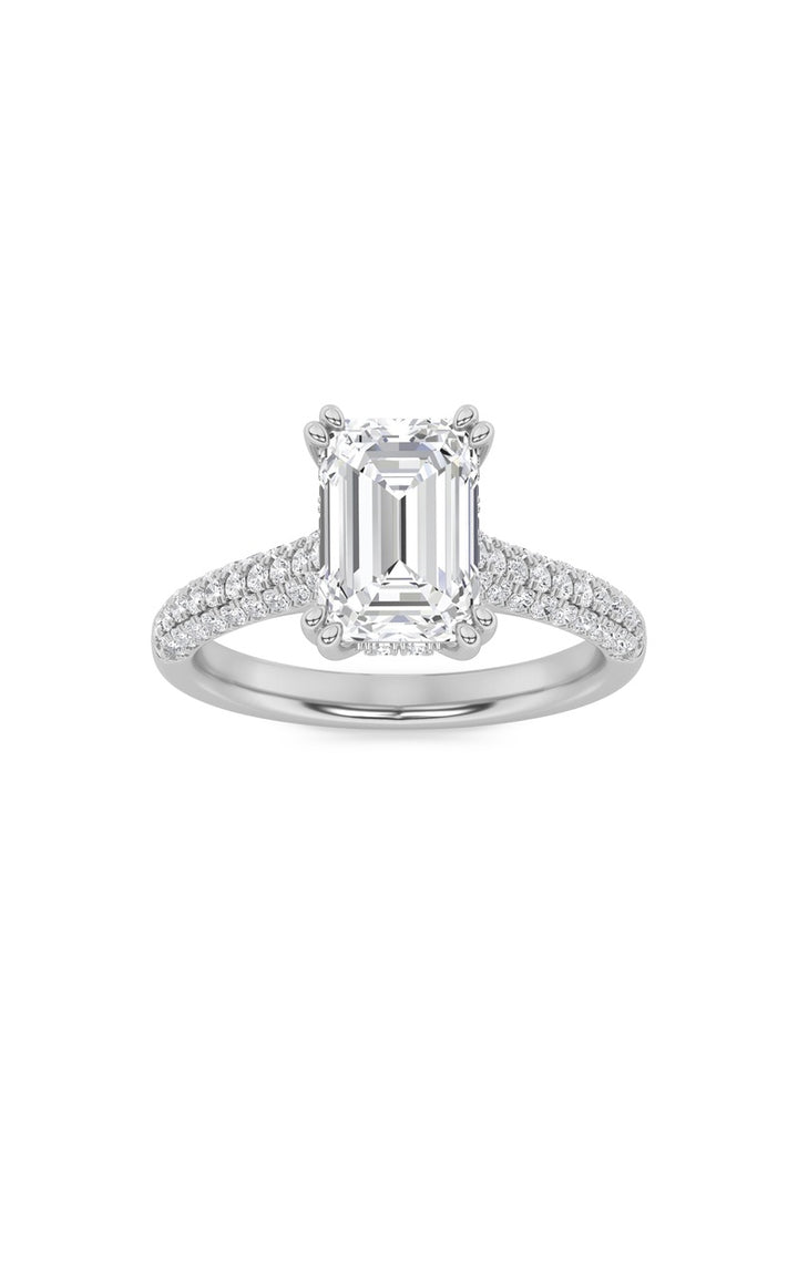 3Cttw Emerald Shaped Lab Grown Diamond (F/VS) Triple Row Accented Engagement Ring in 14K Gold