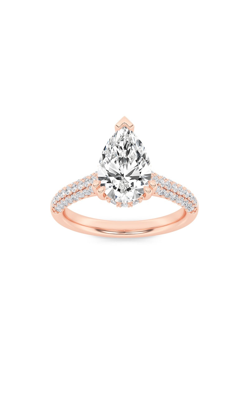 3Cttw Pear Shaped Lab Grown Diamond (F/VS) TripleRow Accented Engagement Ring in 14K Gold