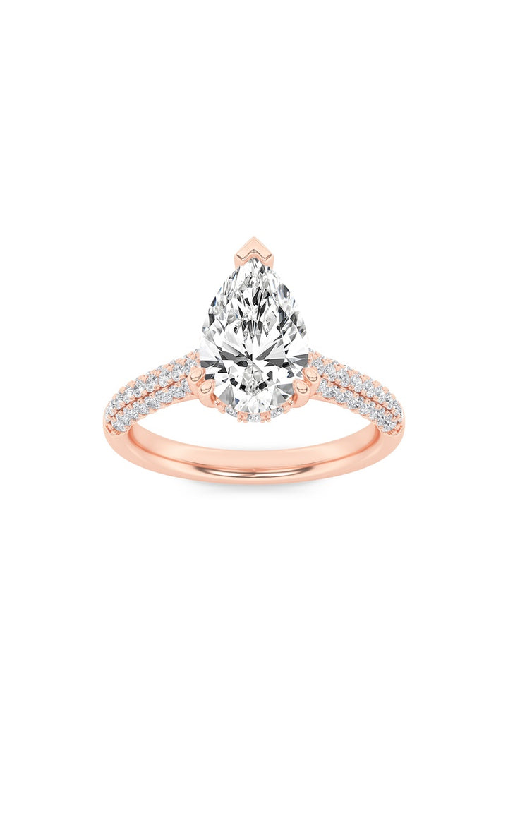 3Cttw Pear Shaped Lab Grown Diamond (F/VS) TripleRow Accented Engagement Ring in 14K Gold