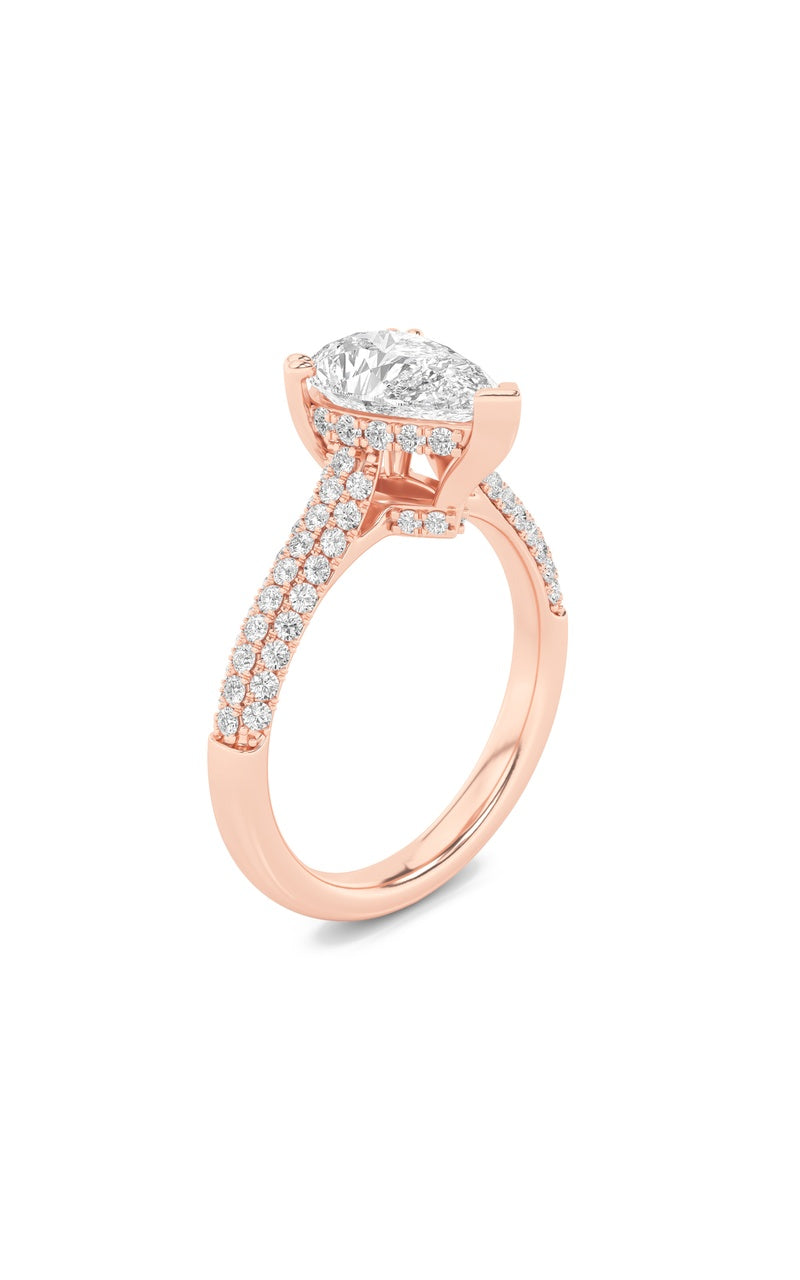 3Cttw Pear Shaped Lab Grown Diamond (F/VS) TripleRow Accented Engagement Ring in 14K Gold