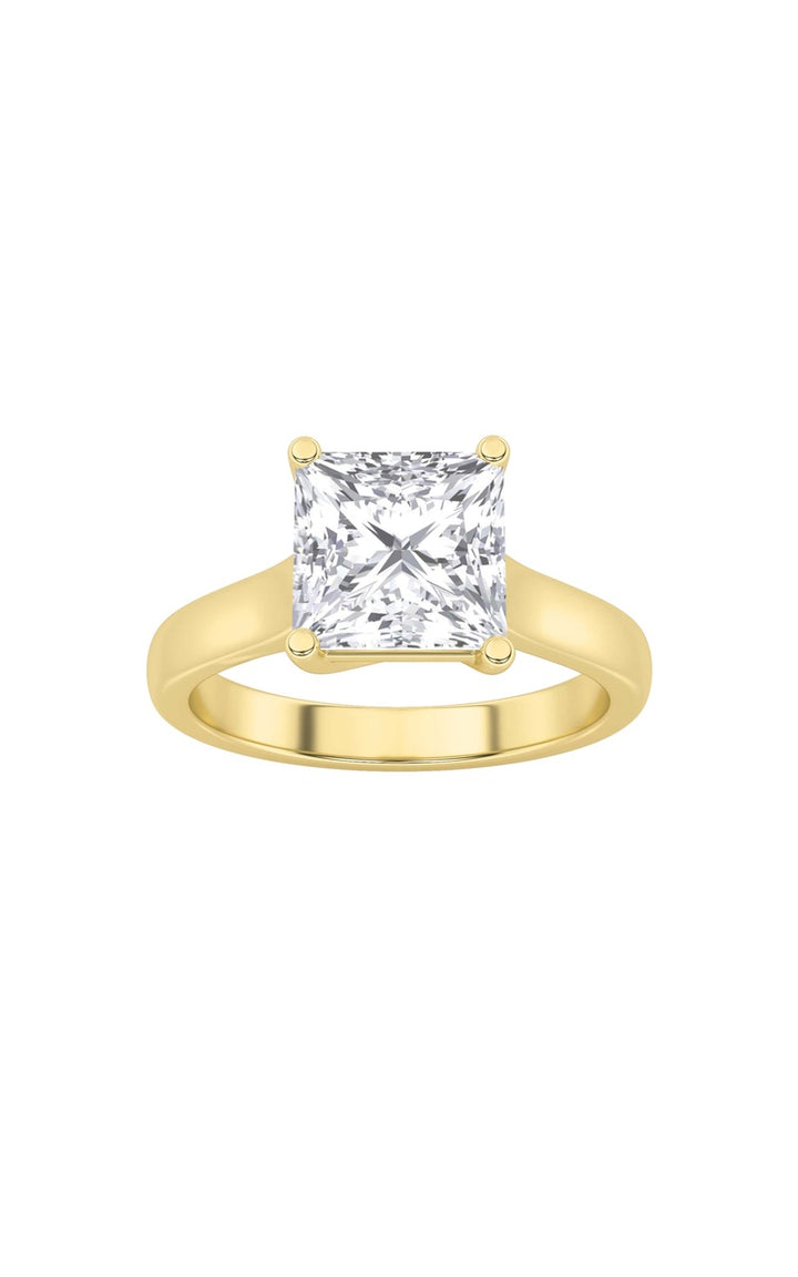 3Cttw Princess Shaped Lab Grown Diamond (F/VS) Plain Cathedral Trellis Shank Solitaire Engagement Ring in 14K Gold