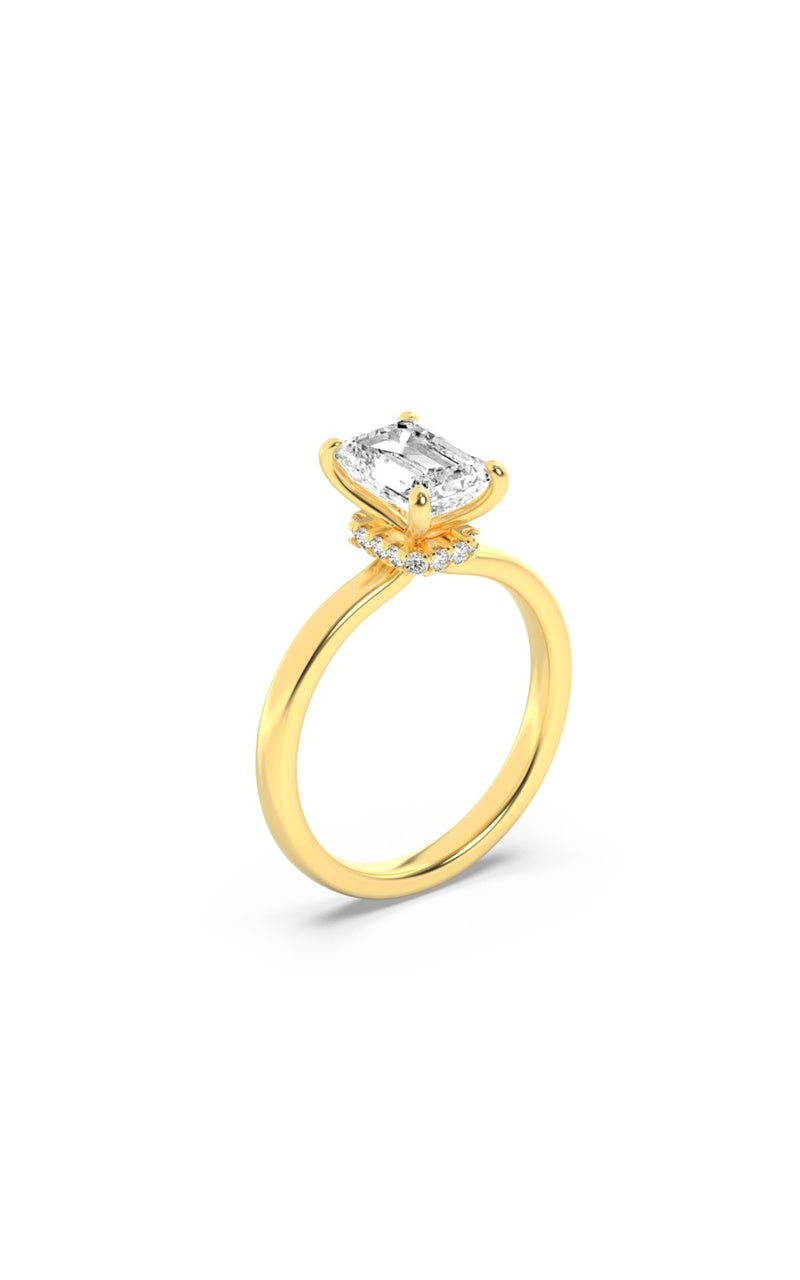 1CTW Emerald Shaped Lab Grown Diamond (F/VS) Hidden Halo Plain Shank Engagement Ring in 14K Gold