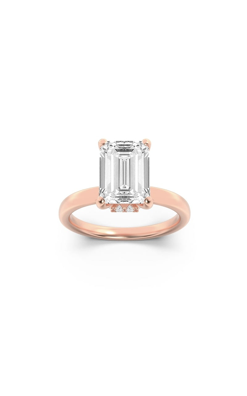 2CTW Emerald Shaped Lab Grown Diamond (F/VS) Hidden Halo Plain Shank Engagement Ring in 14K Gold