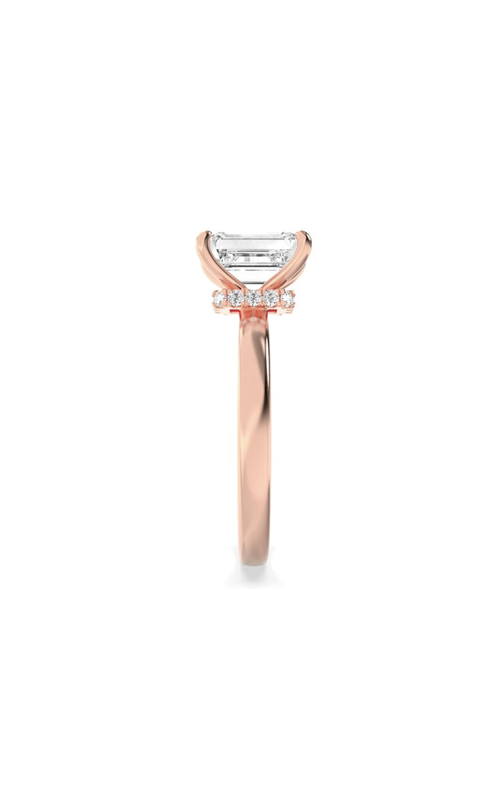 2CTW Emerald Shaped Lab Grown Diamond (F/VS) Hidden Halo Plain Shank Engagement Ring in 14K Gold