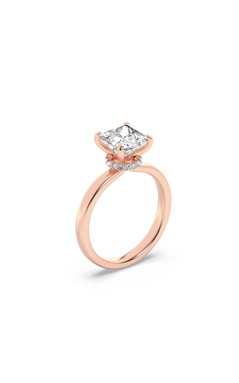 1CTW Princess Shaped Lab Grown Diamond (F/VS) Hidden Halo Plain Shank Engagement Ring in 14K Gold
