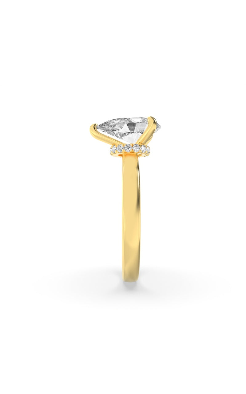 3CTW Pear Shaped Lab Grown Diamond (F/VS) Hidden Halo Plain Shank Engagement Ring in 14K Gold