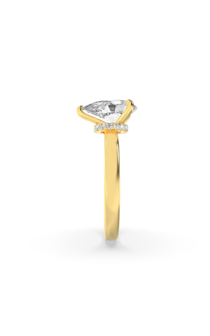 3CTW Pear Shaped Lab Grown Diamond (F/VS) Hidden Halo Plain Shank Engagement Ring in 14K Gold