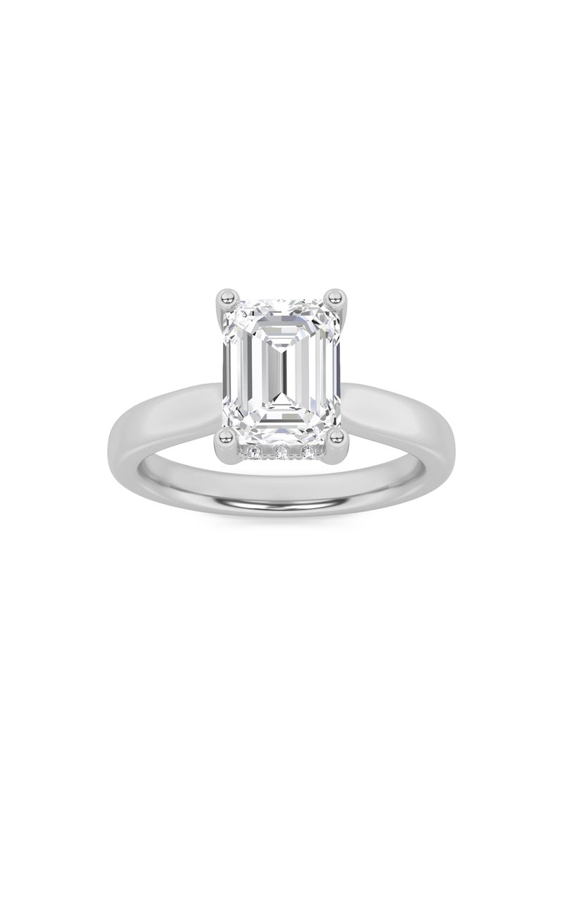 1Cttw Emerald Shaped Lab Grown Diamond (F/VS) Hidden Halo Cathedral Shank Engagement Ring in 14K Gold