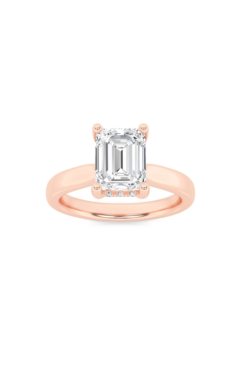 2CTW Emerald Shaped Lab Grown Diamond (F/VS) Hidden Halo Cathedral Shank Engagement Ring in 14K Gold