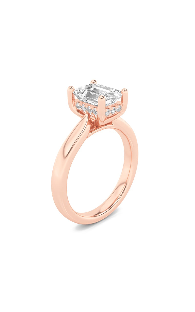 2Cttw Emerald Shaped Lab Grown Diamond (F/VS) Hidden Halo Cathedral Shank Engagement Ring in 14K Gold