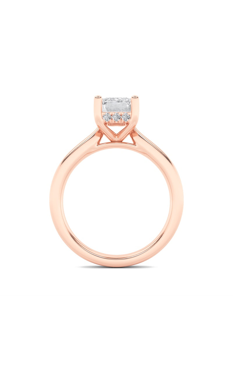2Cttw Emerald Shaped Lab Grown Diamond (F/VS) Hidden Halo Cathedral Shank Engagement Ring in 14K Gold