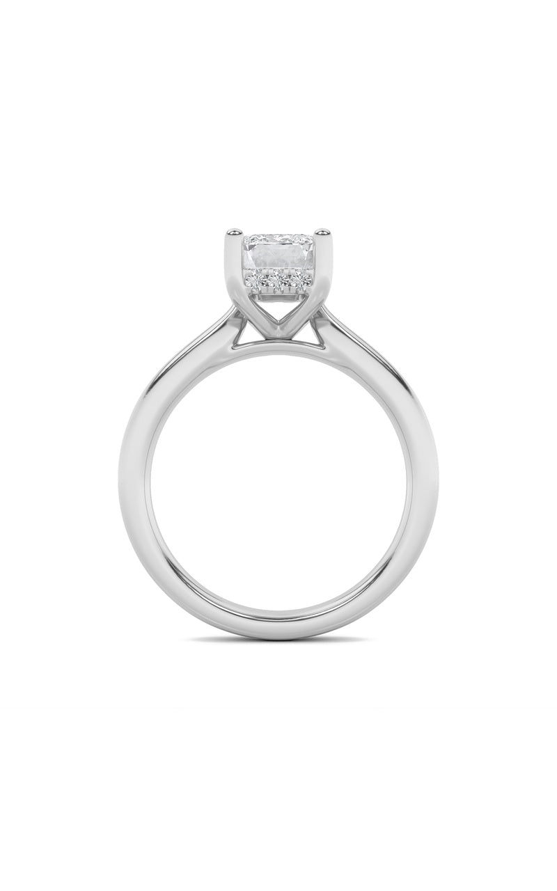3CTW Emerald Shaped Lab Grown Diamond (F/VS) Hidden Halo Cathedral Shank Engagement Ring in 14K Gold