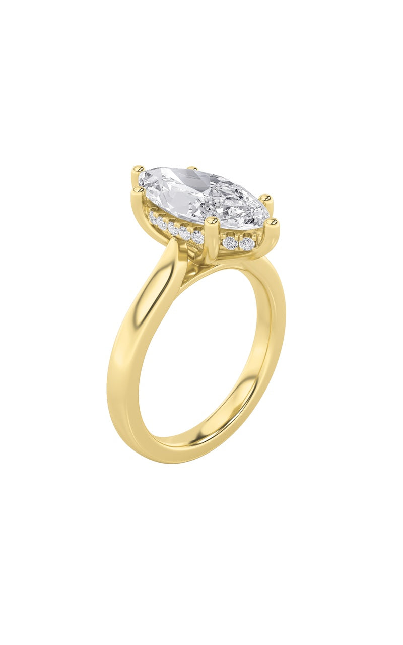 1CTW Marquise Shaped Lab Grown Diamond (F/VS) Hidden Halo Cathedral Shank Engagement Ring in 14K Gold